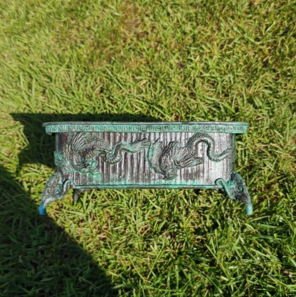 Antique Japanese Ikebana Tray Bronze Suiban Dragon Rectangular w/Signature